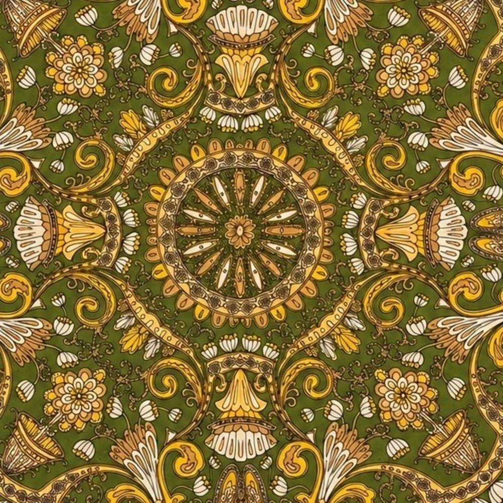 Vintage Ornate Medallion Floral Scarf Womens Green Gold Sophisticated‎ Classic